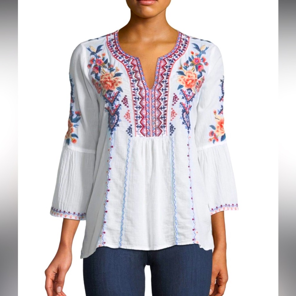 Johnny Was White Embroidered Peasant Top with Blue, Pink, Orange Floral Detail